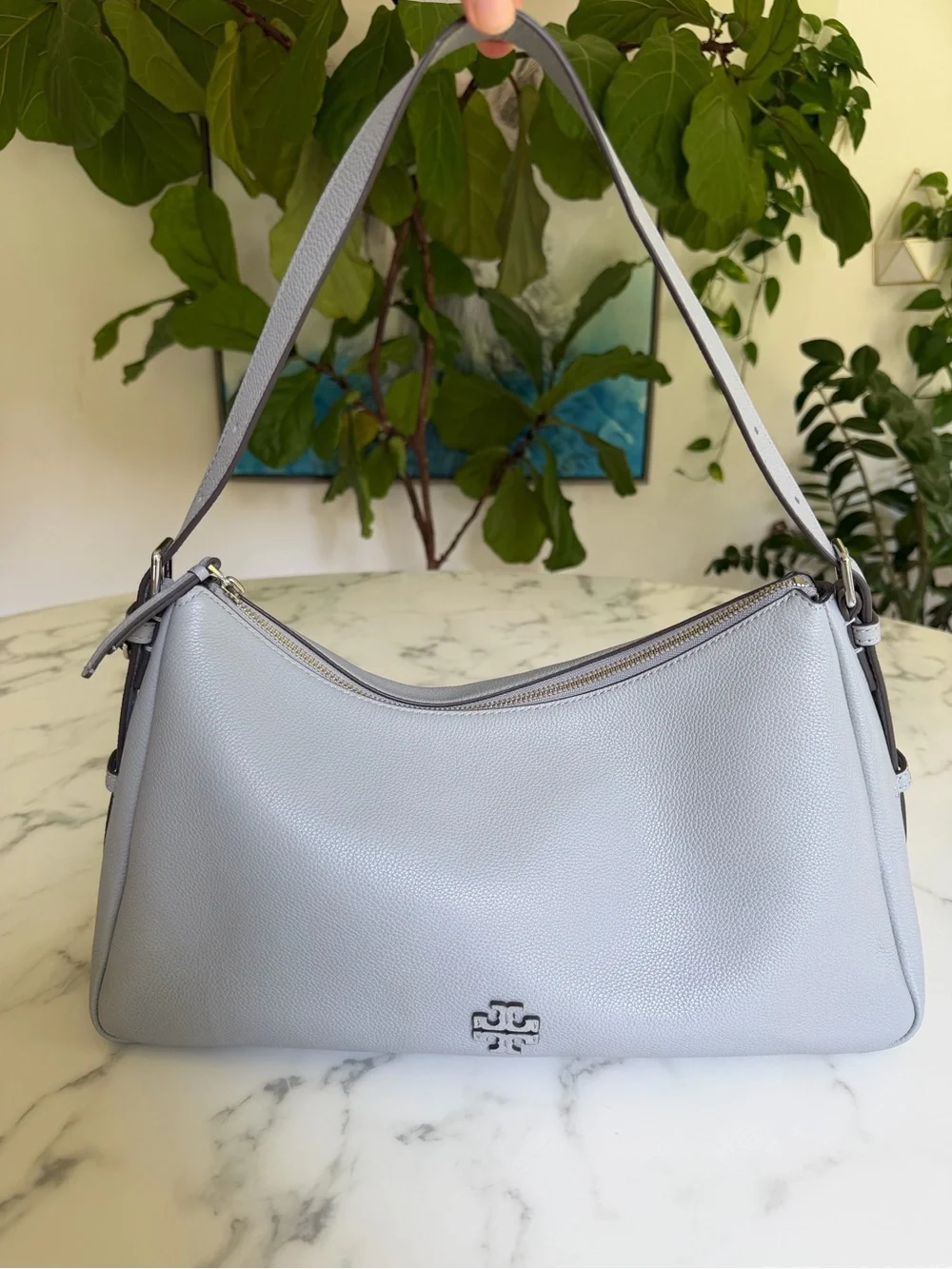 Tory Burch Thea Zip Top Leather Shoulder Bag Misty Cloud Gray